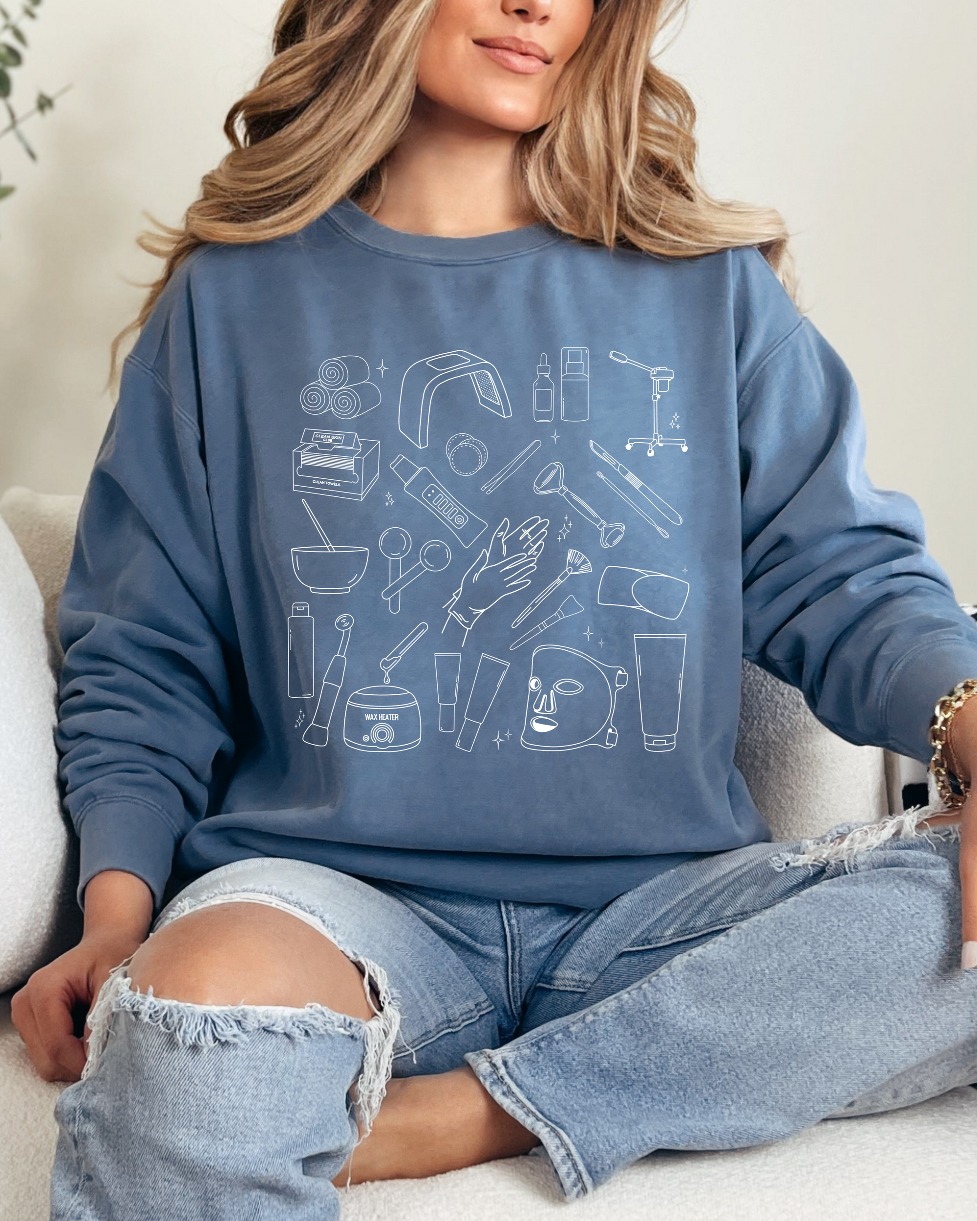 Skincare Doodles — White Printed Crew